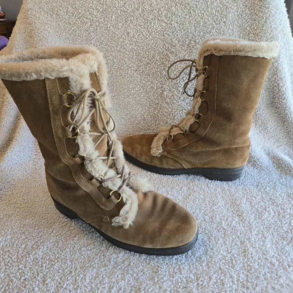 Vtg Yodelers Women's Brown Suede Winter Boots Faux Fur Trim Apres-ski Retro Boho